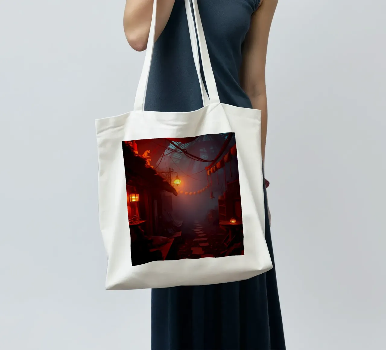 Incantevole vicolo con lanterne calde e nebbiolina borsa in juta da DesignDoodle