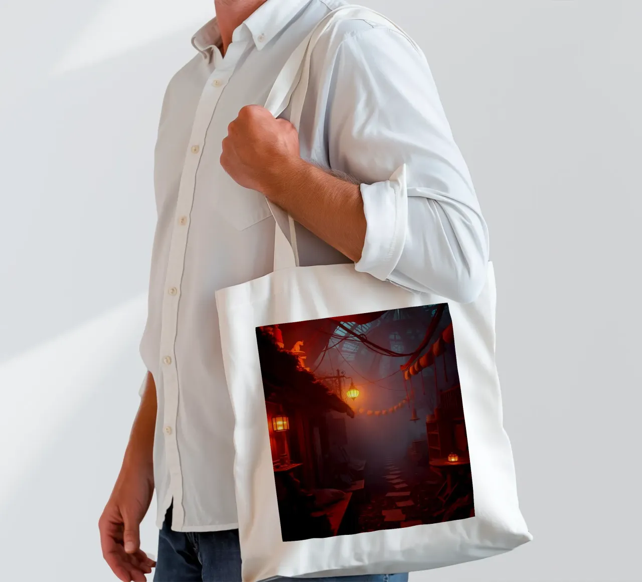 Incantevole vicolo con lanterne calde e nebbiolina borsa in juta da DesignDoodle