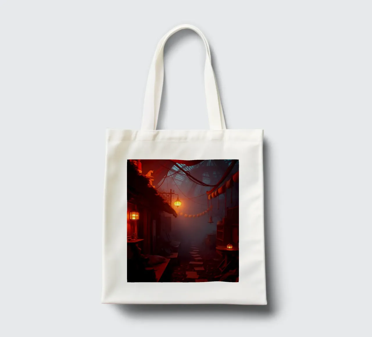 Incantevole vicolo con lanterne calde e nebbiolina borsa in juta da DesignDoodle
