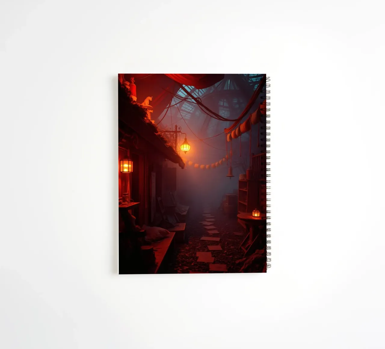 Enchanting alleyway with warm lanterns and mist spiral notebook by DesignDoodle
