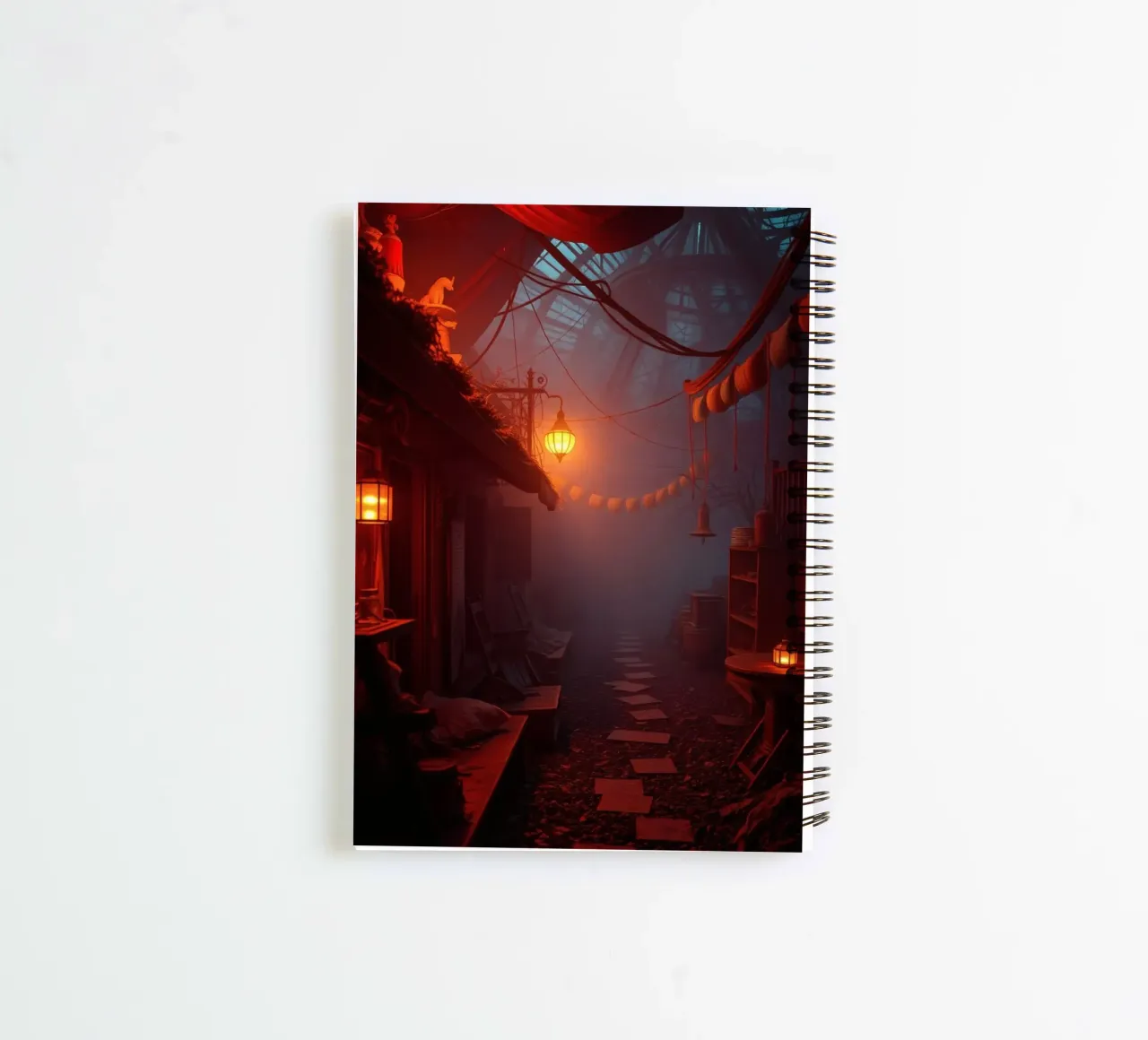 Enchanting alleyway with warm lanterns and mist spiral notebook by DesignDoodle