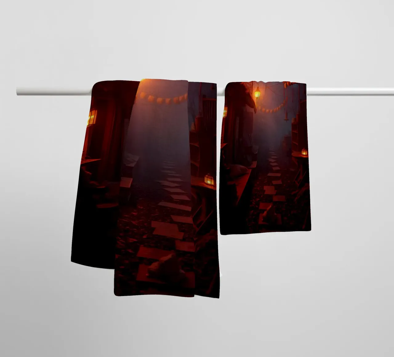 Enchanting alleyway with warm lanterns and mist towel by DesignDoodle