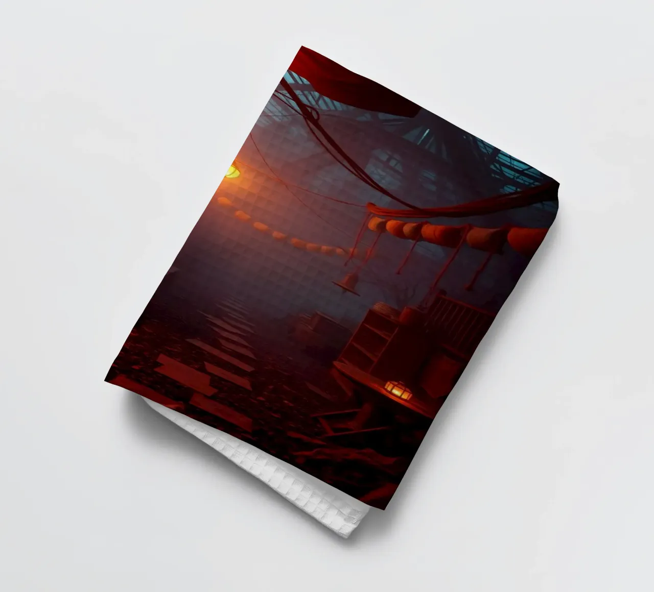 Enchanting alleyway with warm lanterns and mist tea towel by DesignDoodle