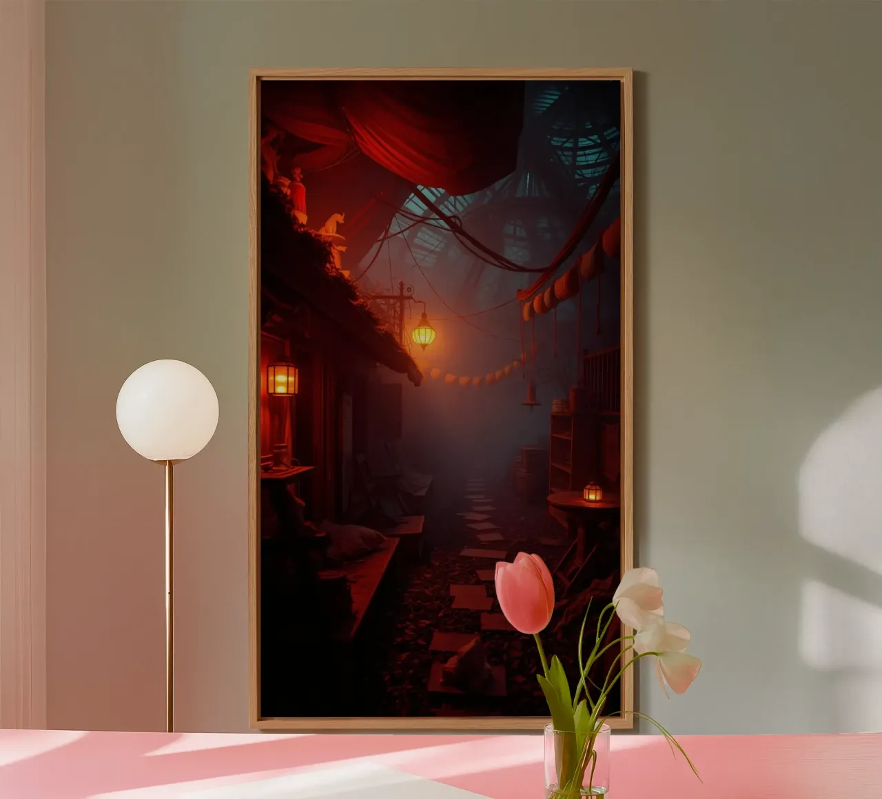Enchanting alleyway with warm lanterns and mist alu-dibond by DesignDoodle