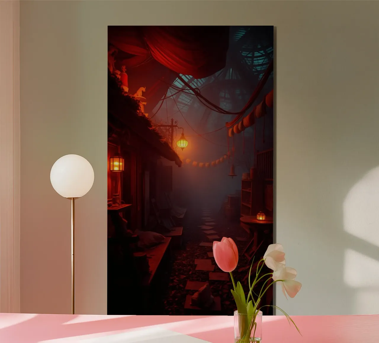 Enchanting alleyway with warm lanterns and mist alu-dibond by DesignDoodle