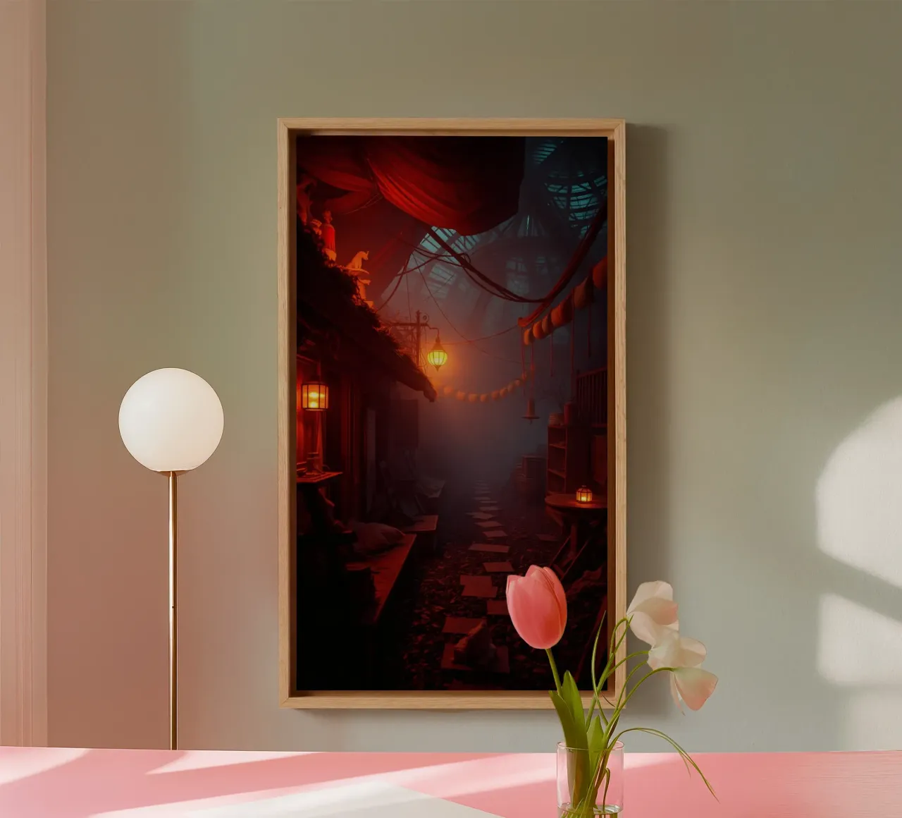 Enchanting alleyway with warm lanterns and mist canvas by DesignDoodle