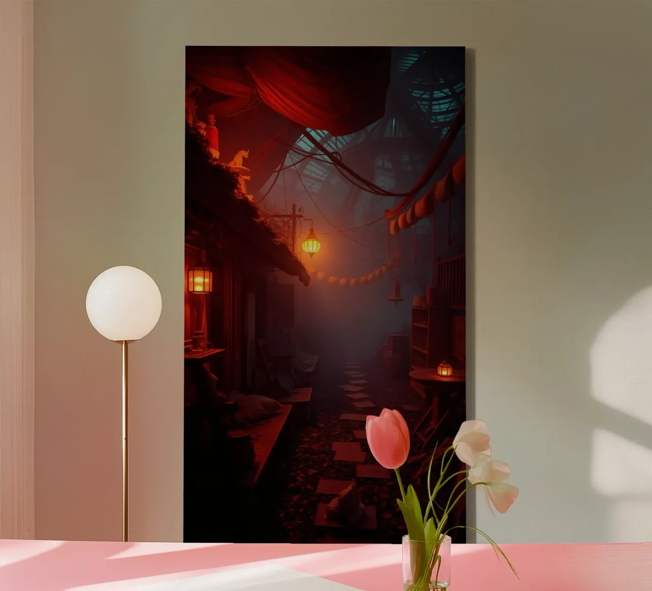 Enchanting alleyway with warm lanterns and mist canvas by DesignDoodle