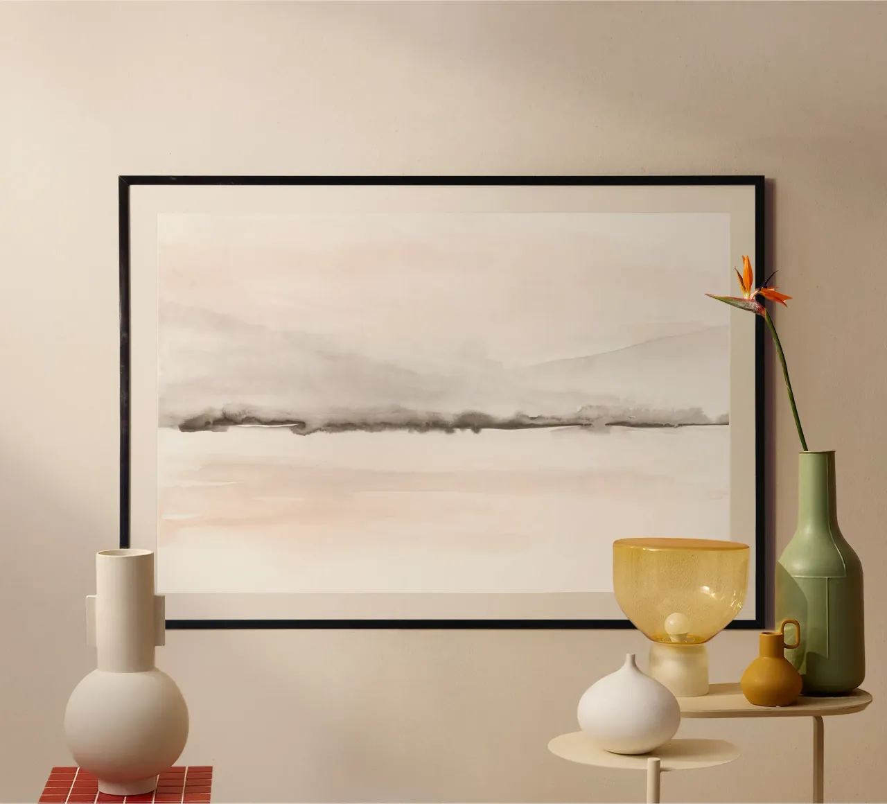 Soft coral and gray mountains hahnemühle by NouveauPrints