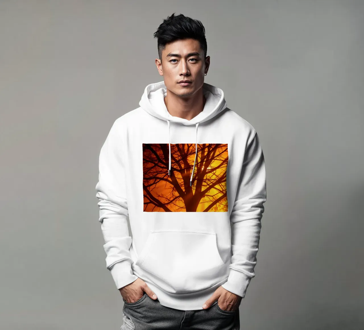 silhouette di un albero su uno sfondo arancione vibrante con felpa con cappuccio da DesignDoodle