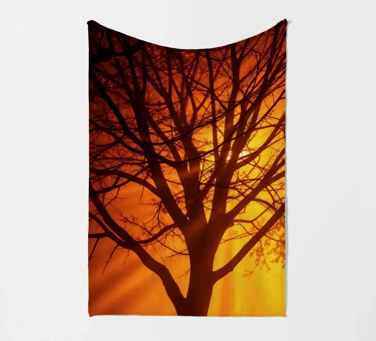silhouette of a tree against a vibrant orange background wit fleece blanket by DesignDoodle