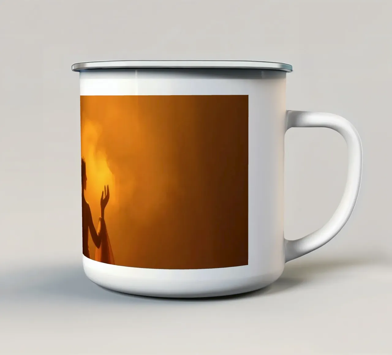Elegante silhouette circondata da luce calda e foschia tazza in smalto da DesignDoodle