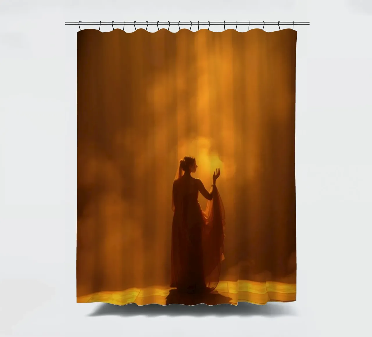 Elegant silhouette surrounded by warm light and mist shower curtain by DesignDoodle