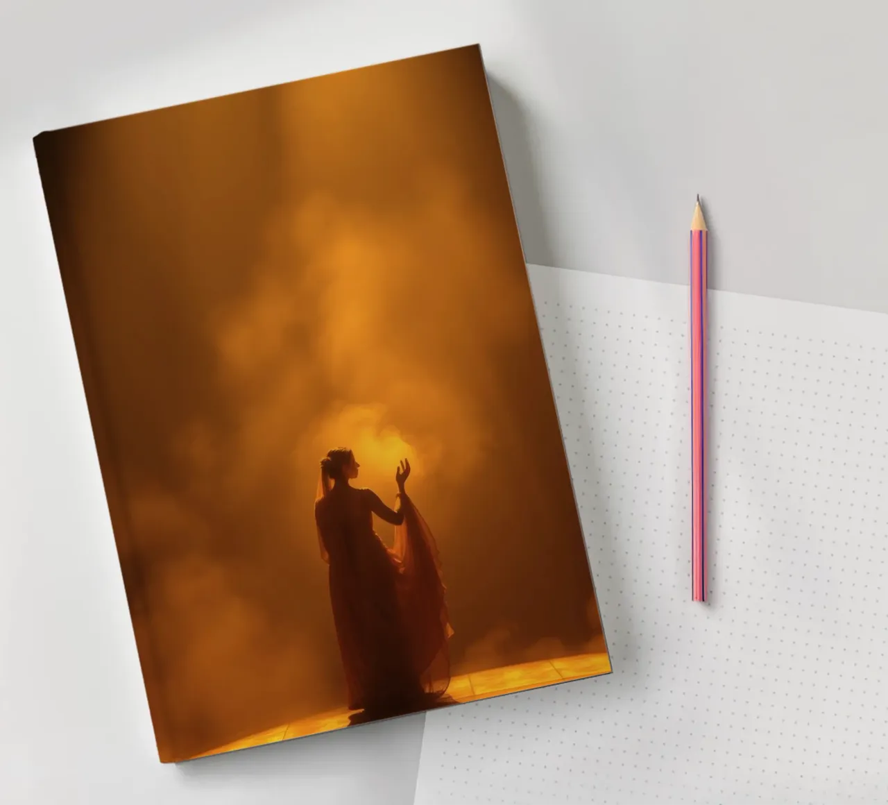 Elegant silhouette surrounded by warm light and mist notebook by DesignDoodle