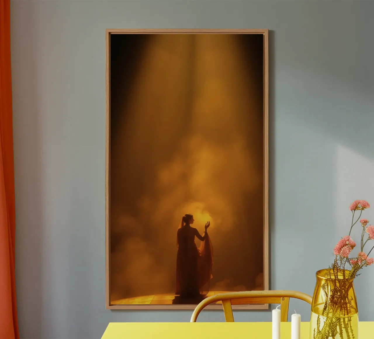 Elegante silhouette circondata da luce calda e foschia alluminio dibond da DesignDoodle