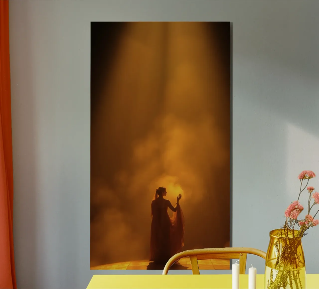 Elegante silhouette circondata da luce calda e foschia alluminio dibond da DesignDoodle