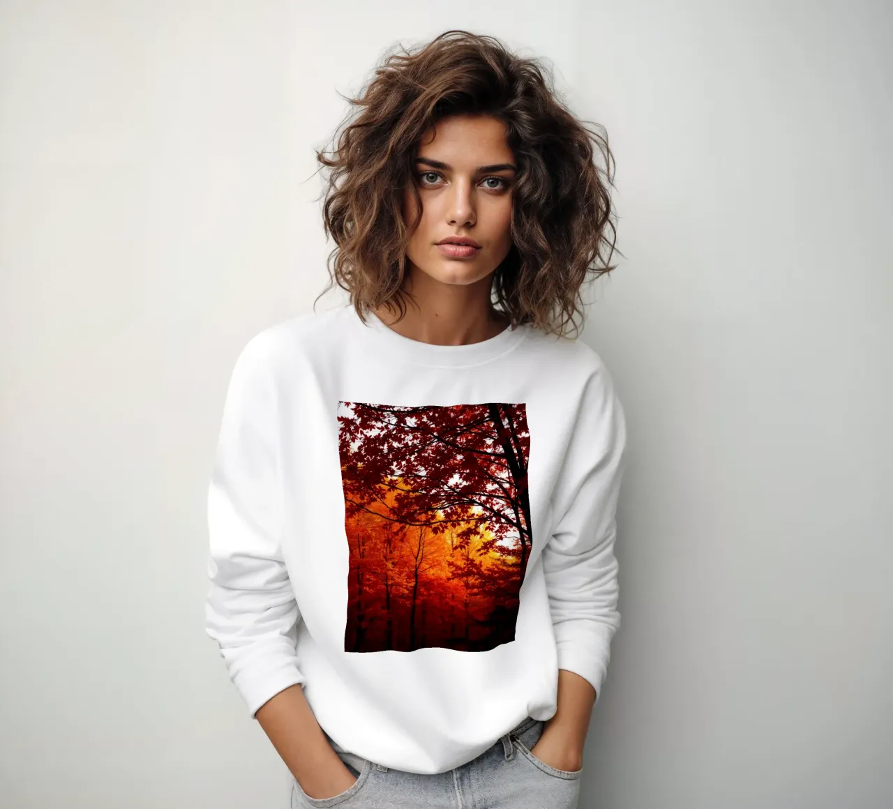 autumn foliage creating vibrant tapestry of reds and orange sweatshirt by DesignDoodle