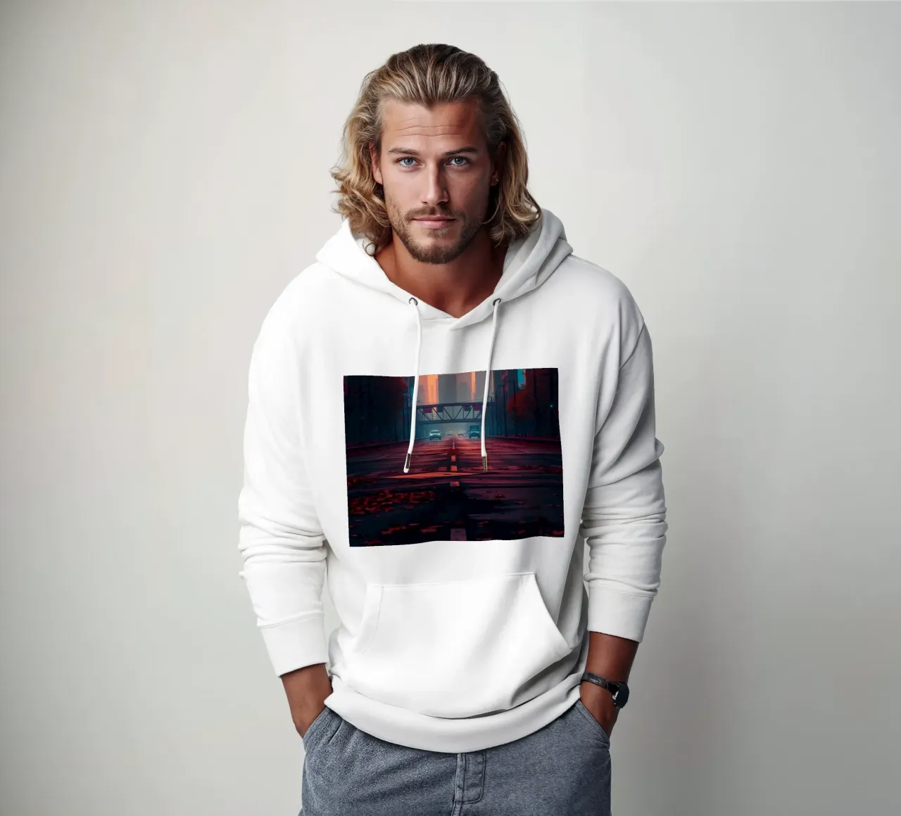 skyline al crepuscolo con i colori vibranti del tramonto che si riflettono sulla bu felpa con cappuccio da DesignDoodle