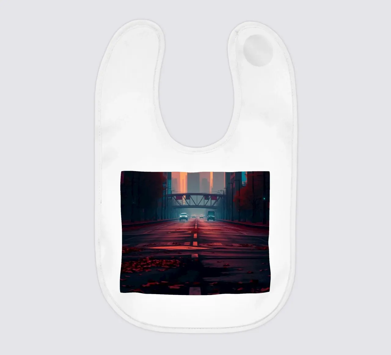 skyline at dusk with vibrant sunset colors reflecting on bu baby bib by DesignDoodle
