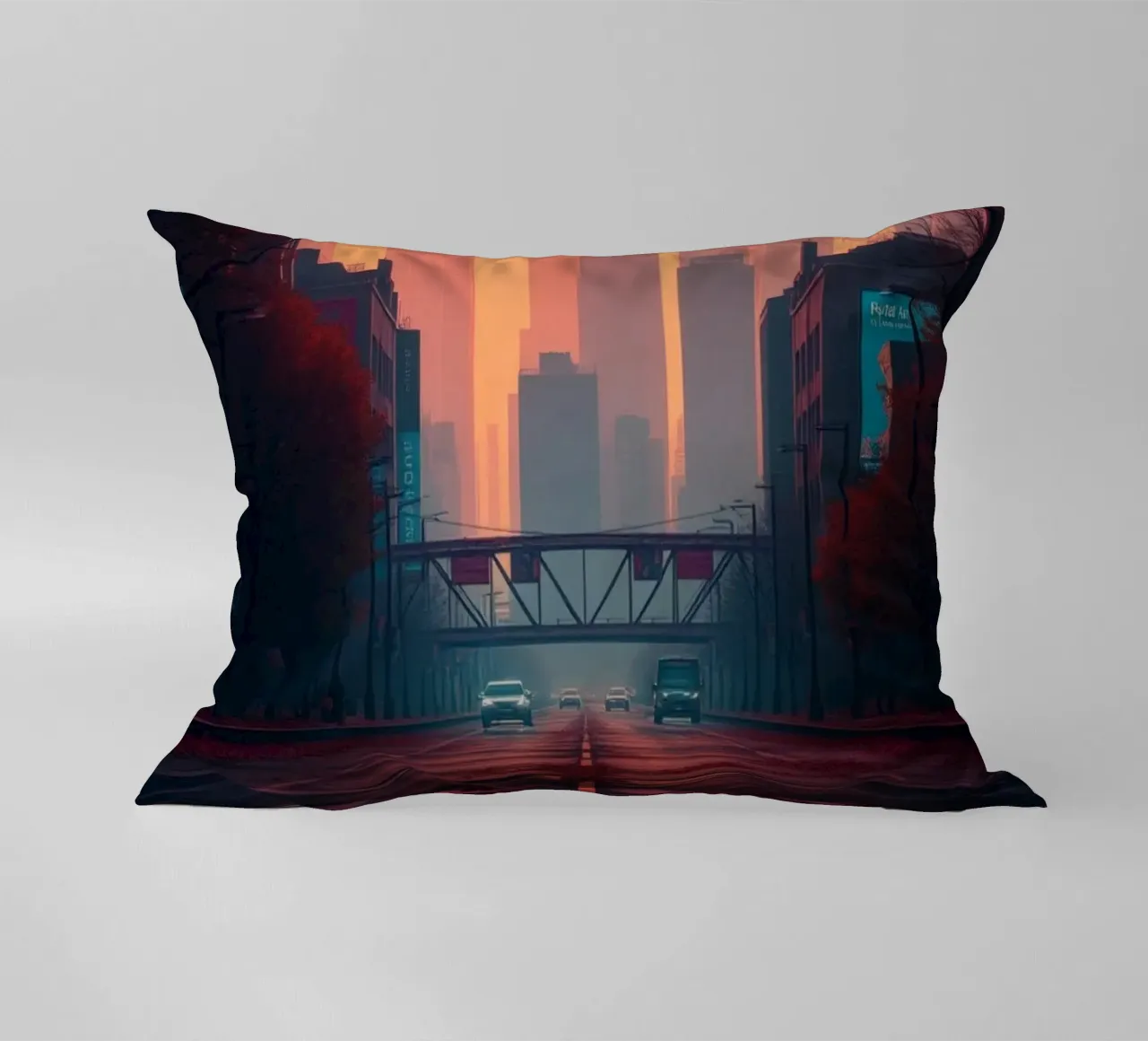 La ligne d'horizon au crépuscule avec les couleurs vibrantes du coucher de soleil se reflétant sur les bâtiments. coussin de DesignDoodle