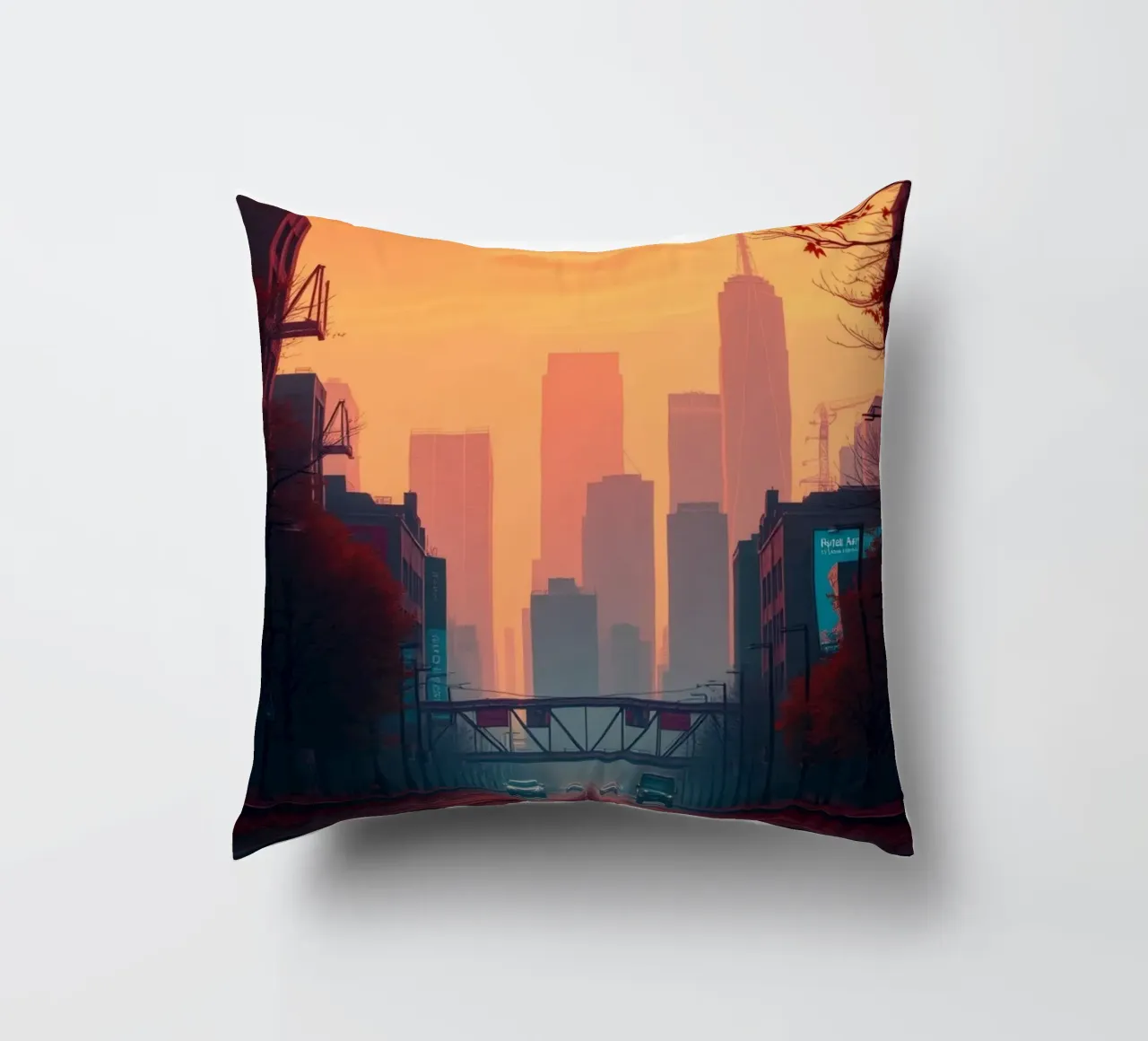 La ligne d'horizon au crépuscule avec les couleurs vibrantes du coucher de soleil se reflétant sur les bâtiments. coussin de DesignDoodle