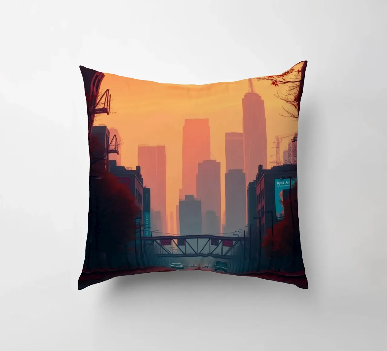 La ligne d'horizon au crépuscule avec les couleurs vibrantes du coucher de soleil se reflétant sur les bâtiments. coussin de DesignDoodle