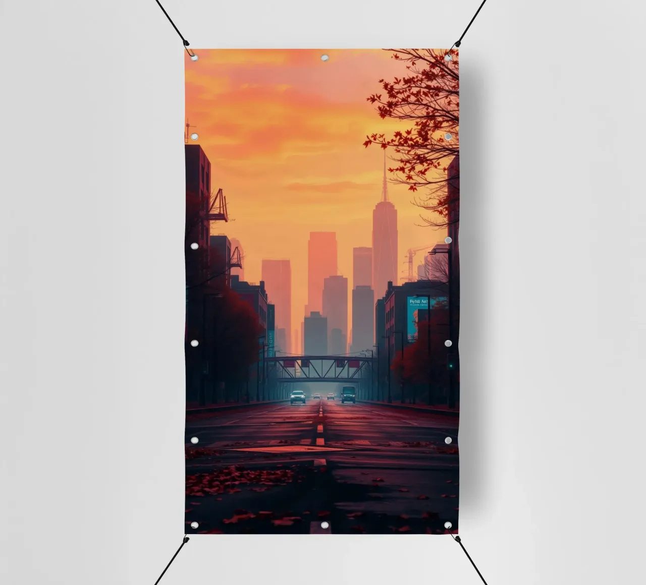 skyline al crepuscolo con i colori vibranti del tramonto che si riflettono sulla bu telo in pvc da DesignDoodle