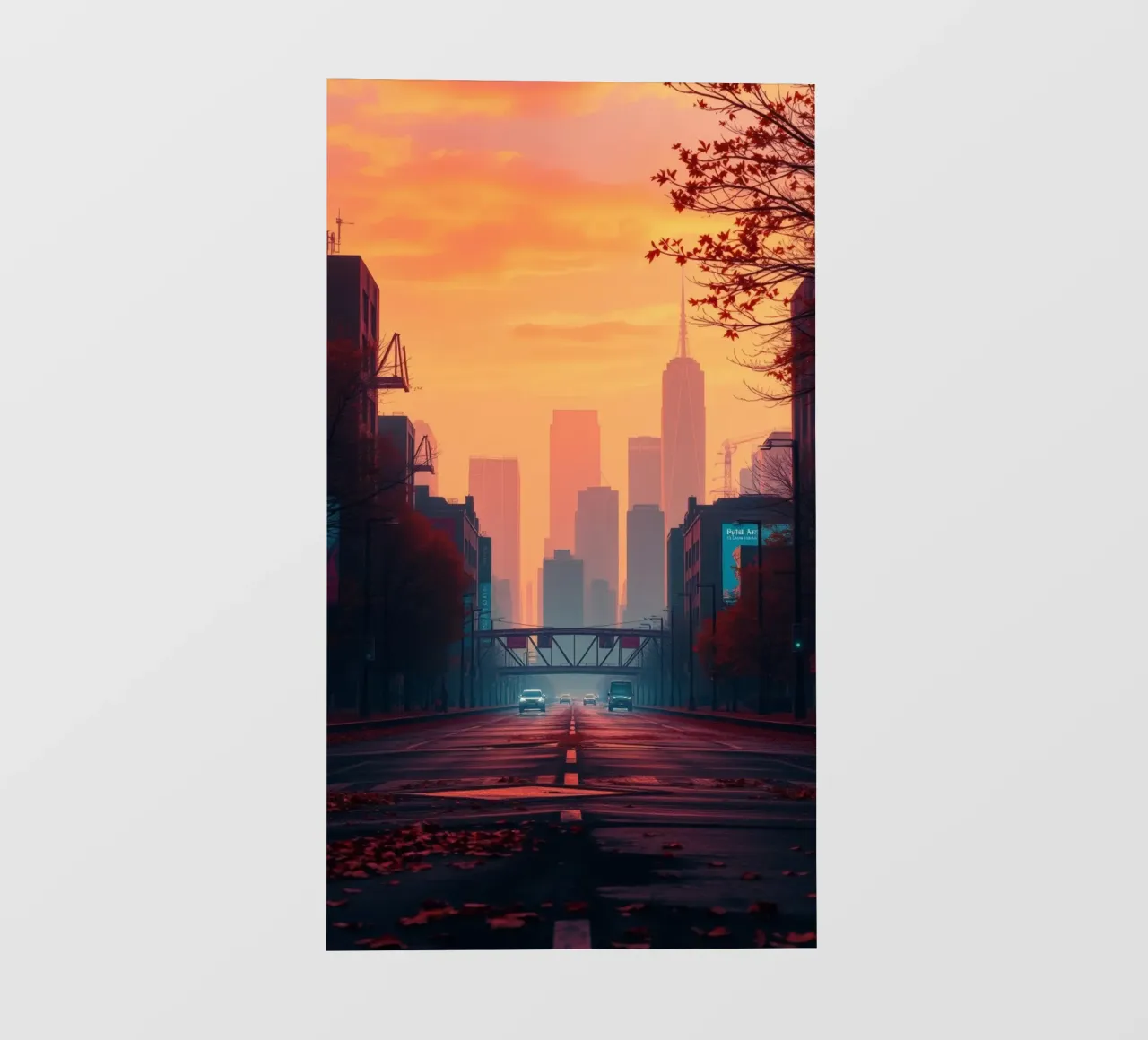 skyline al crepuscolo con i colori vibranti del tramonto che si riflettono sulla bu telo in pvc da DesignDoodle