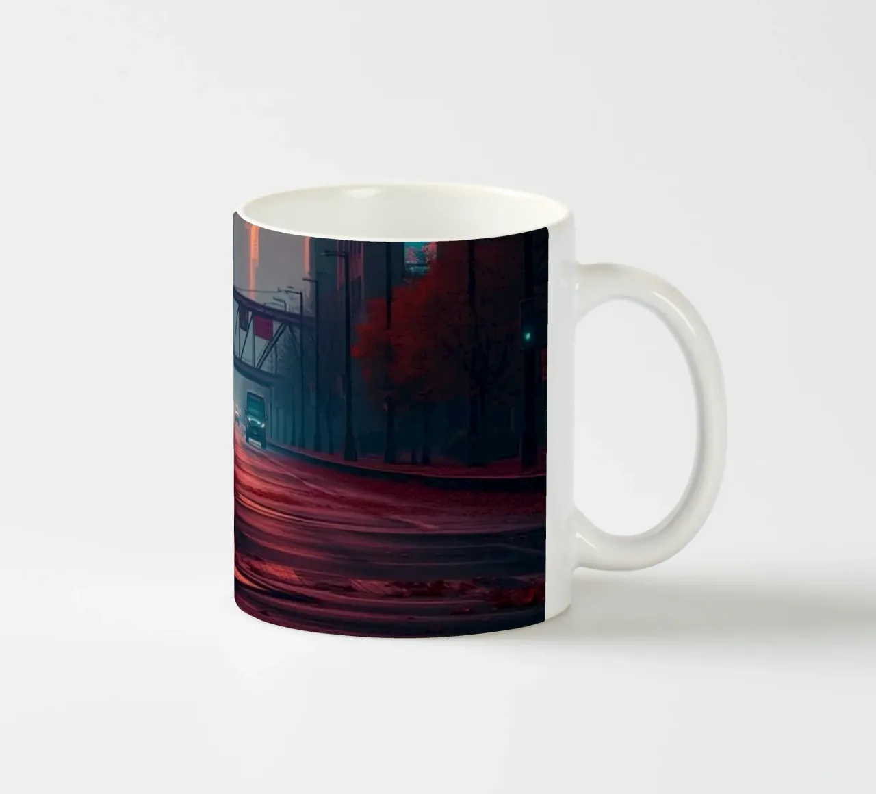 skyline at dusk with vibrant sunset colors reflecting on bu ceramic mug by DesignDoodle