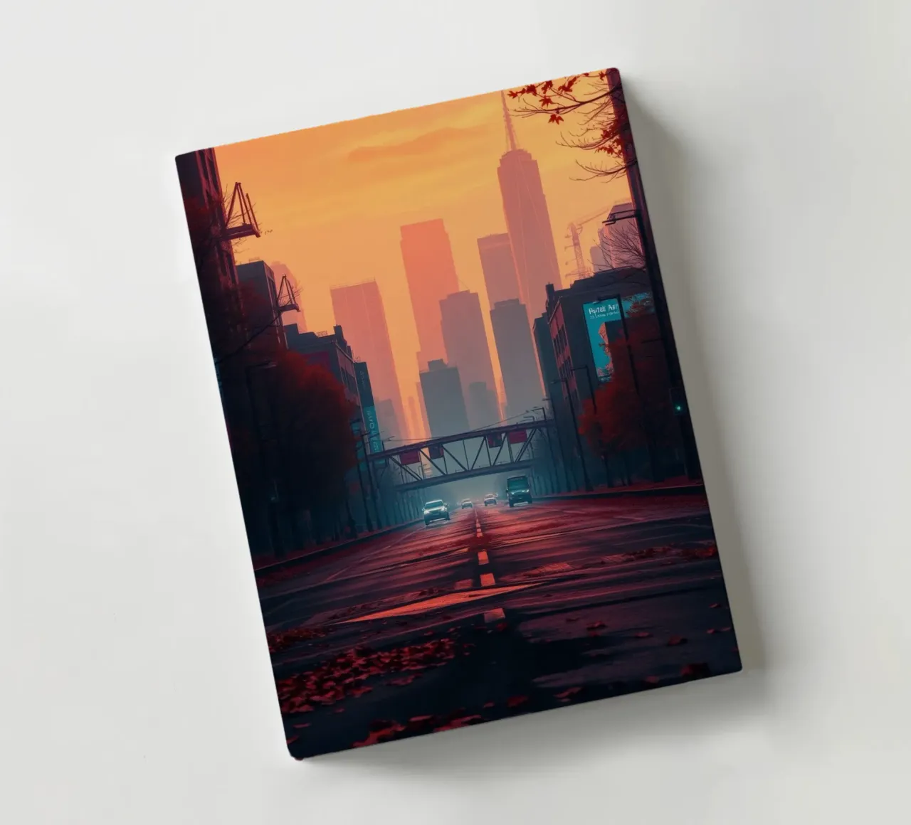skyline at dusk with vibrant sunset colors reflecting on bu notebook by DesignDoodle