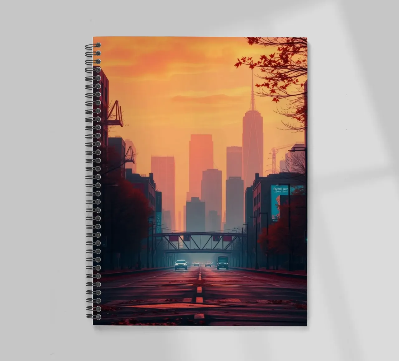 skyline at dusk with vibrant sunset colors reflecting on bu spiral notebook by DesignDoodle