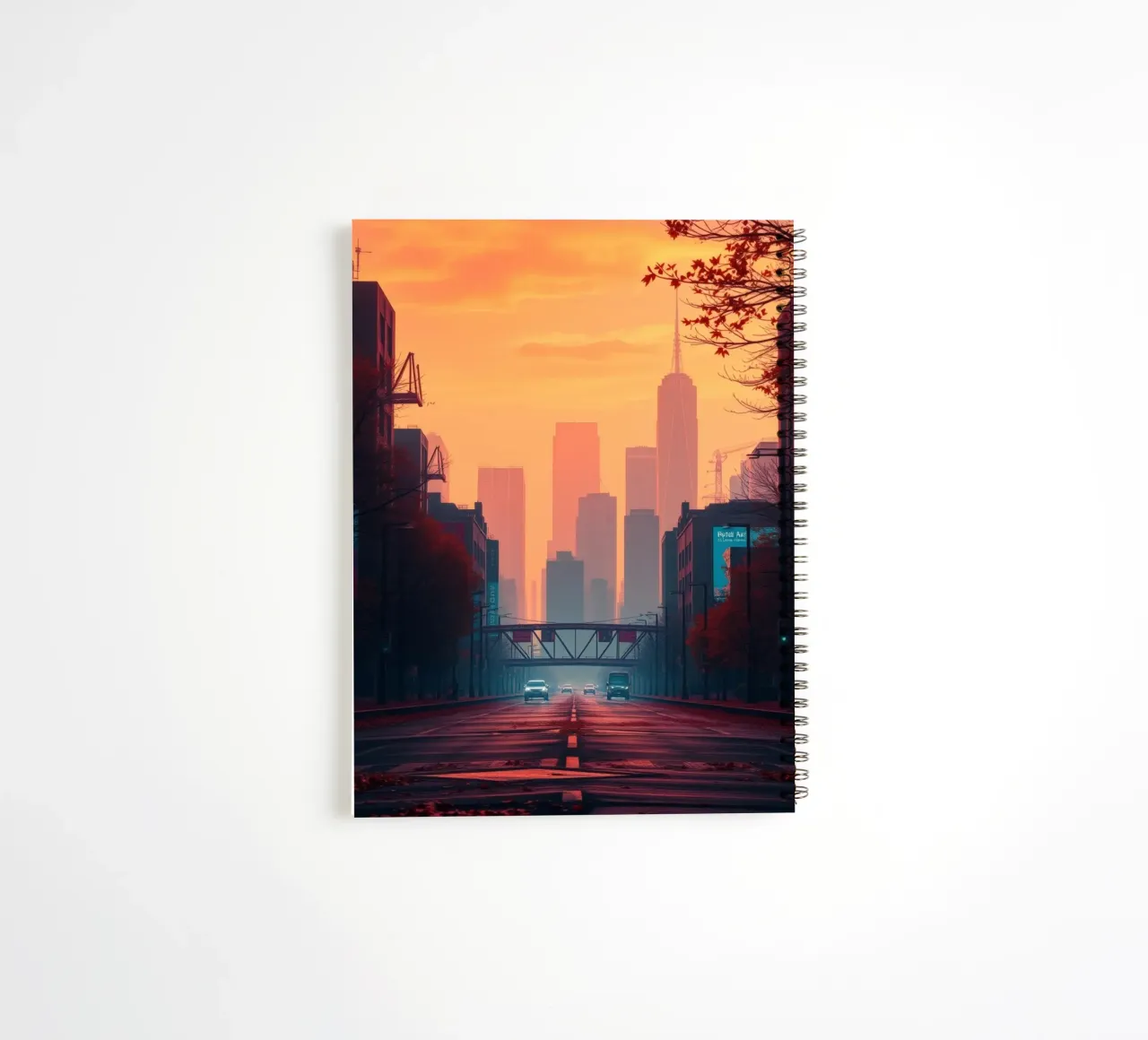 skyline at dusk with vibrant sunset colors reflecting on bu spiral notebook by DesignDoodle