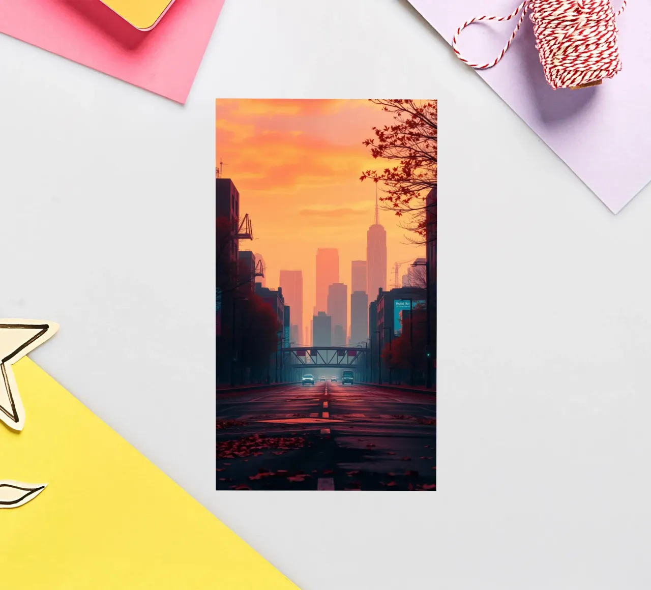skyline at dusk with vibrant sunset colors reflecting on bu sticker by DesignDoodle