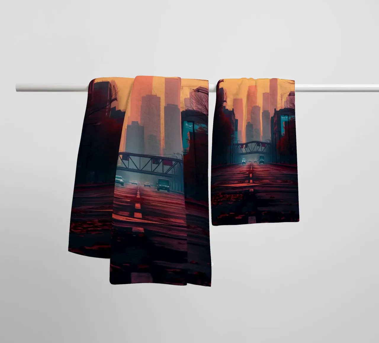 skyline at dusk with vibrant sunset colors reflecting on bu towel by DesignDoodle