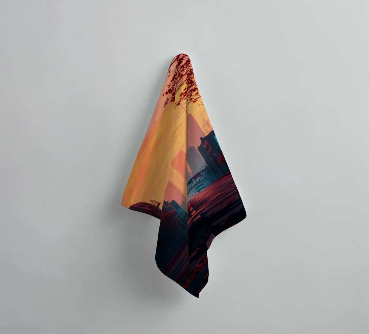 skyline at dusk with vibrant sunset colors reflecting on bu towel by DesignDoodle