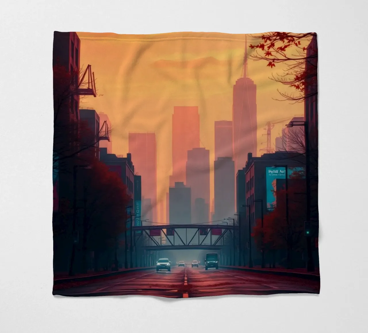 skyline at dusk with vibrant sunset colors reflecting on bu fleece blanket by DesignDoodle