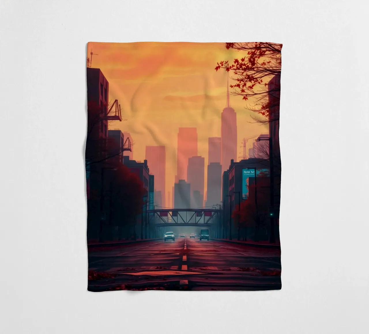 skyline at dusk with vibrant sunset colors reflecting on bu fleece blanket by DesignDoodle