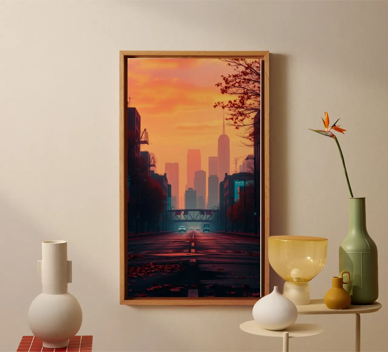 skyline at dusk with vibrant sunset colors reflecting on bu canvas by DesignDoodle