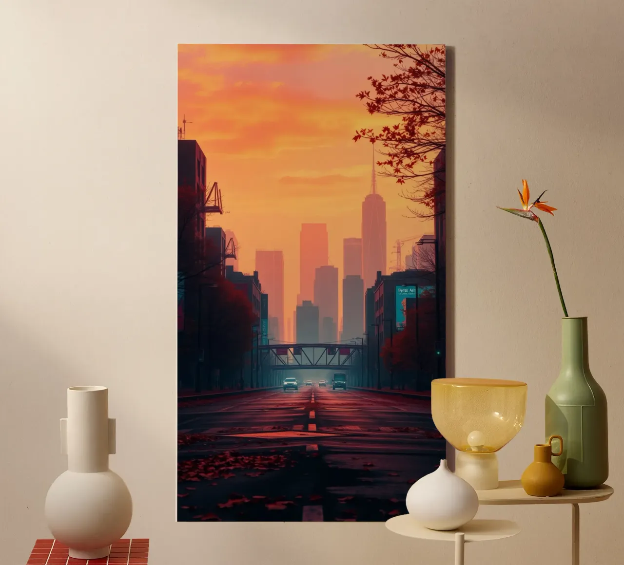 skyline at dusk with vibrant sunset colors reflecting on bu canvas by DesignDoodle