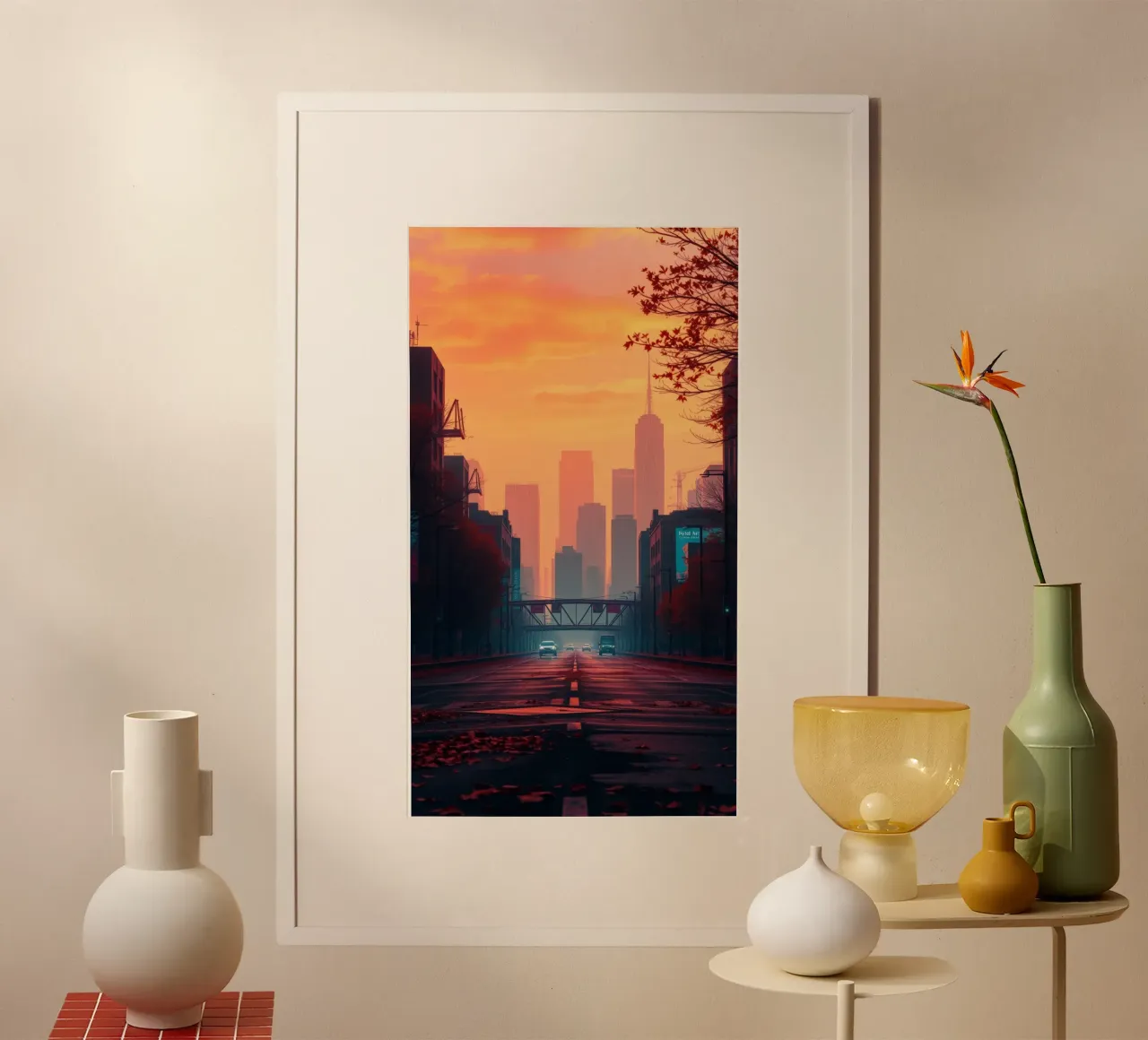 skyline at dusk with vibrant sunset colors reflecting on bu hahnemühle by DesignDoodle
