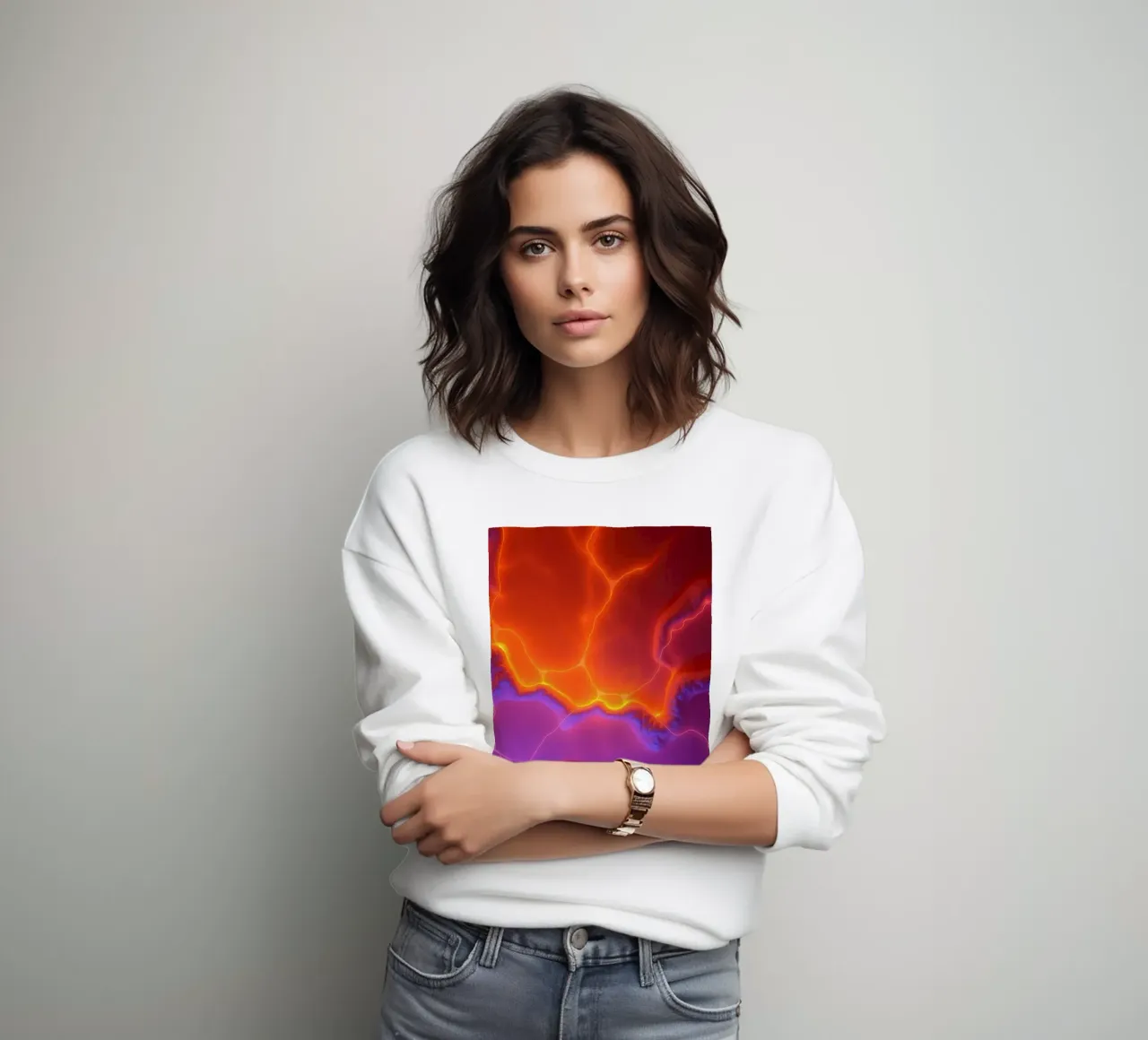Vibrant abstract design with orange and purple hues creating sweatshirt by DesignDoodle