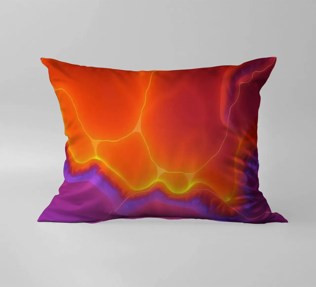 Vibrant abstract design with orange and purple hues creating decorative cushion by DesignDoodle