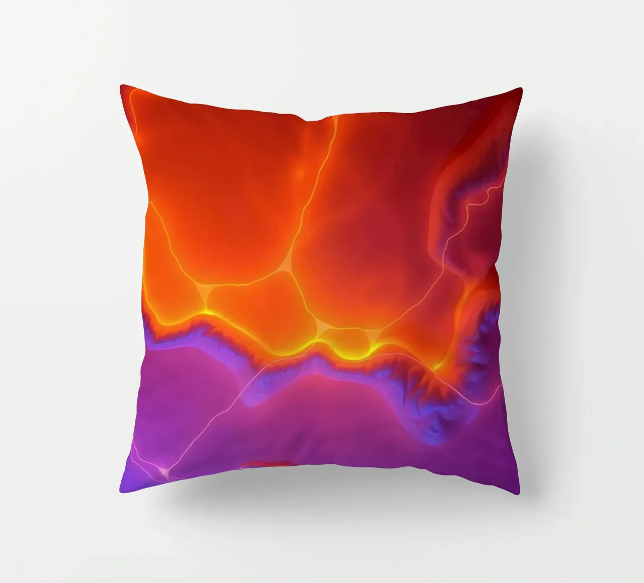 Vibrant abstract design with orange and purple hues creating decorative cushion by DesignDoodle