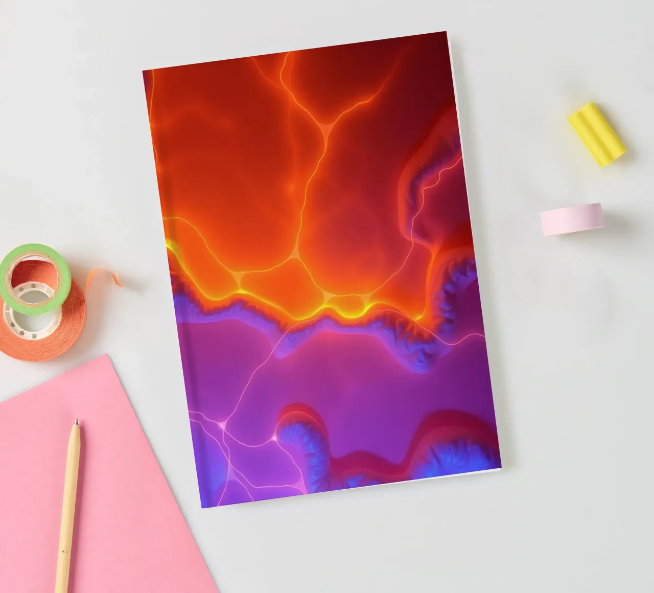 Vibrant abstract design with orange and purple hues creating notebook by DesignDoodle