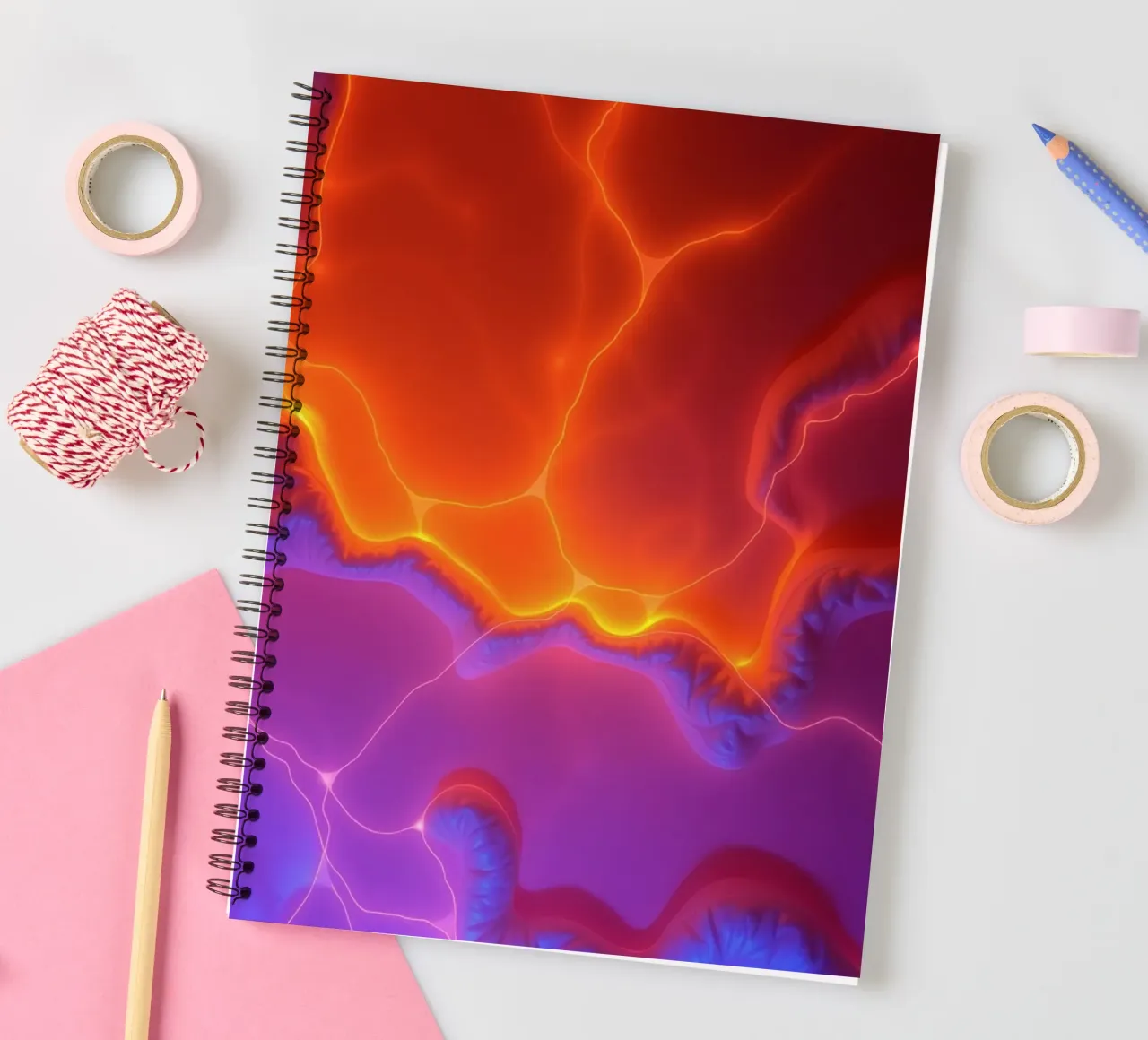 Vibrant abstract design with orange and purple hues creating spiral notebook by DesignDoodle