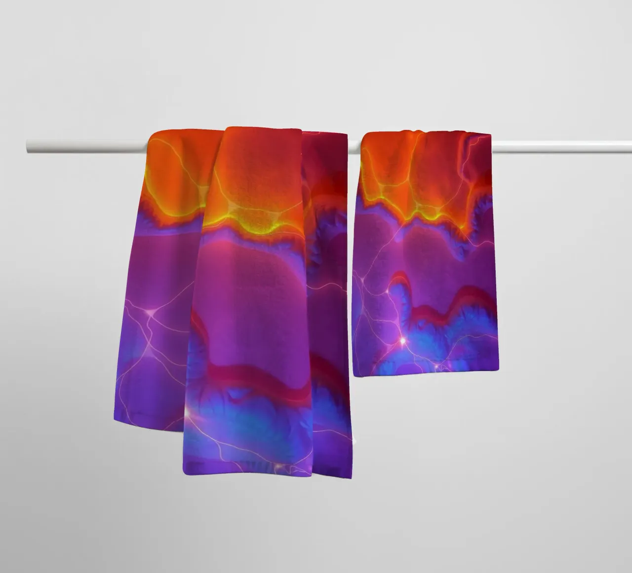 Vibrant abstract design with orange and purple hues creating towel by DesignDoodle