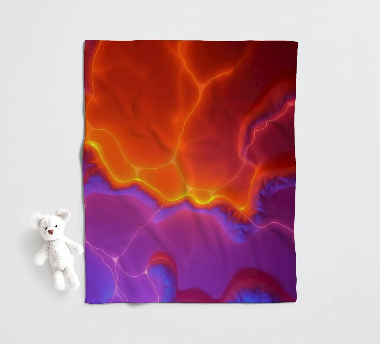 Vibrant abstract design with orange and purple hues creating fleece blanket by DesignDoodle