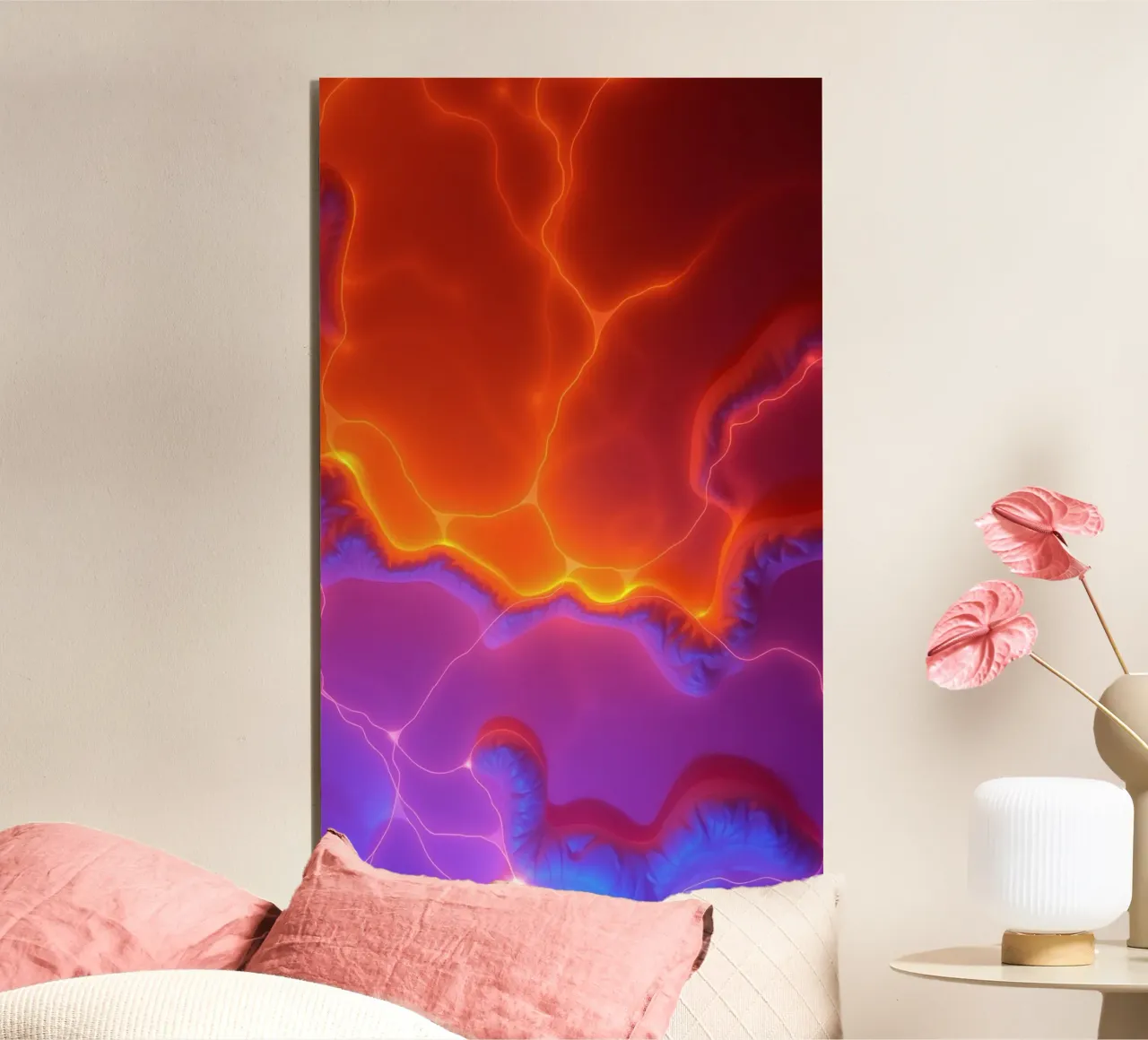 Vibrant abstract design with orange and purple hues creating alu-dibond by DesignDoodle