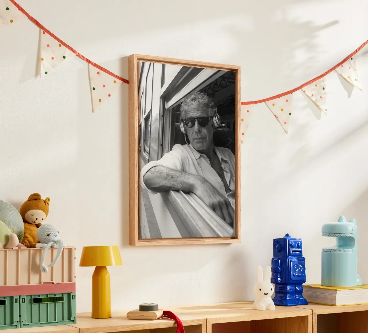 Anthony Bourdain Listening To Music in the Train canvas with Floater frame by Beth Pop Culture