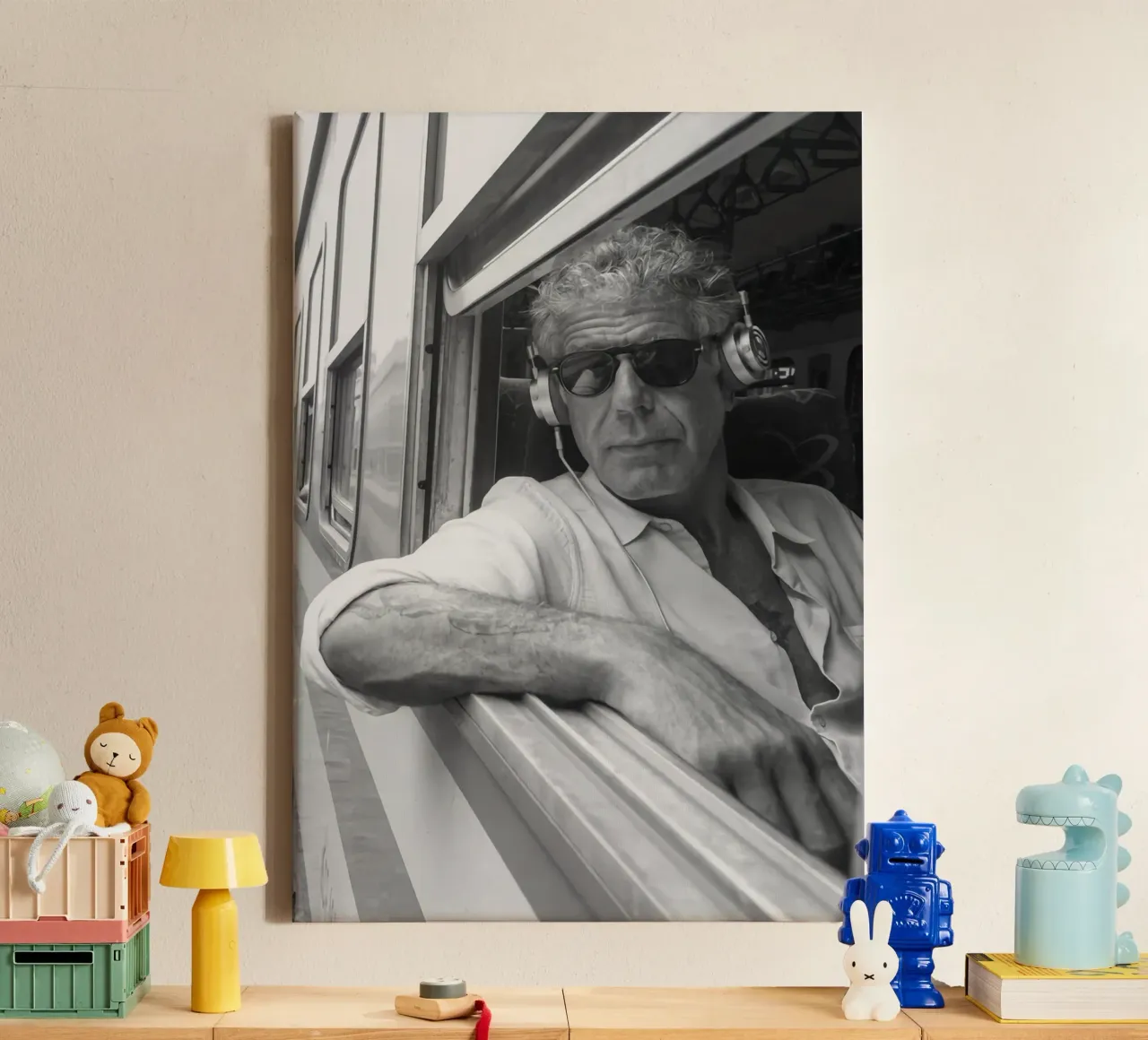 Anthony Bourdain Listening To Music in the Train canvas with Floater frame by Beth Pop Culture