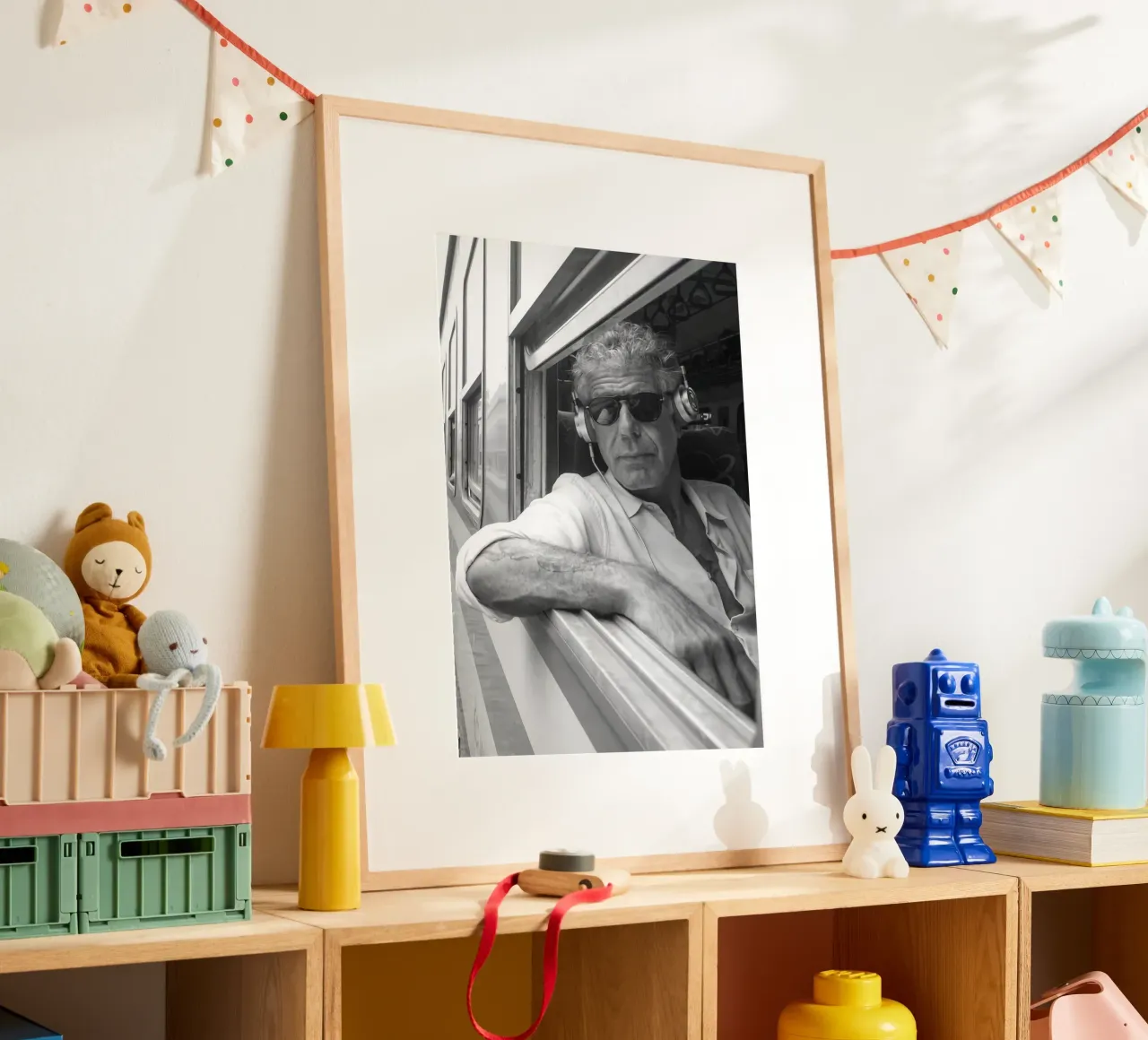 Anthony Bourdain Listening To Music in the Train poster by Beth Pop Culture
